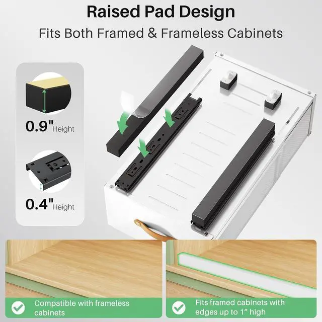 Alt view image 4 of 6 - Pull out Cabinet Organizer, Expandable Depth(15.7"-21.7") with Raising Pad for Framed Cabinets, Heavy Duty Slide out Drawers, Adhesive Roll Out Shelves for Kitchen, Pantry Storage(White, 1-Pack)