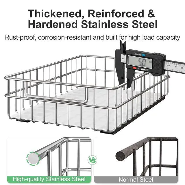 Alt view image 3 of 7 - Stainless Steel Pull Out Cabinet Organizer(11.8"W x 16.5"D x 4.7"H)-1 Pack, Minimalist Design Frame, Full-Extension Slide Rails, Easy Installation for Pantry Organizers or Kitchen Cabinet Organizer