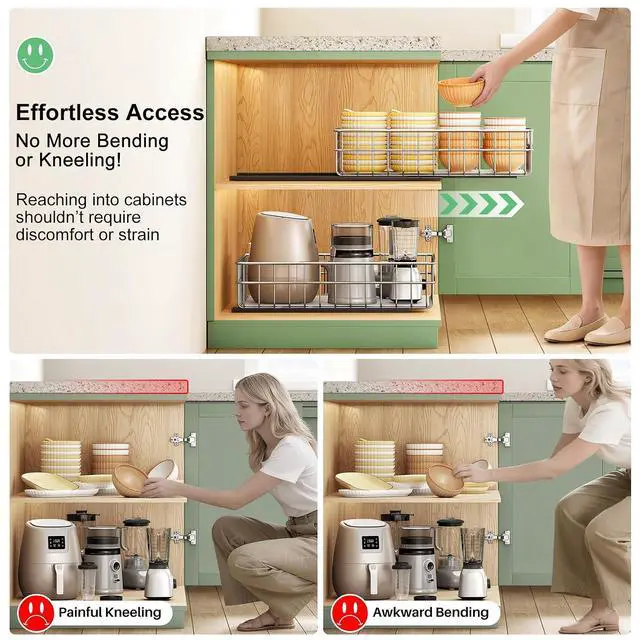 Alt view image 5 of 7 - Stainless Steel Pull Out Cabinet Organizer(11.8"W x 16.5"D x 4.7"H)-1 Pack, Minimalist Design Frame, Full-Extension Slide Rails, Easy Installation for Pantry Organizers or Kitchen Cabinet Organizer