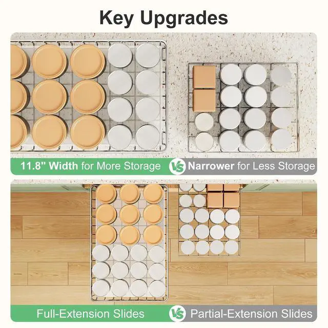 Alt view image 6 of 7 - Stainless Steel Pull Out Cabinet Organizer(11.8"W x 16.5"D x 4.7"H)-1 Pack, Minimalist Design Frame, Full-Extension Slide Rails, Easy Installation for Pantry Organizers or Kitchen Cabinet Organizer