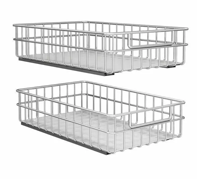 Main image of Pull out Cabinet Organizer, Stainless Steel 2-Pack (11.8"W x 21"D) Full-Extension Slide out Drawer, Adhesive Roll out Can Spice Storage Basket Shelf Rack for Pantry, Kitchen, Bathroom, Home Closet