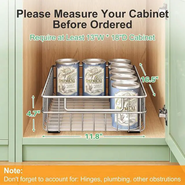 Alt view image 2 of 7 - Pull out Cabinet Organizer, Stainless Steel 2-Pack Slide out Drawer with Silent Full-Extension Slides, Adhesive Roll out Can Spice Storage Basket Shelf Rack for Pantry, Kitchen, Bathroom, Home Closet