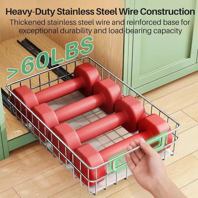 Alt view image 4 of 7 - Pull out Cabinet Organizer, Stainless Steel 2-Pack Slide out Drawer with Silent Full-Extension Slides, Adhesive Roll out Can Spice Storage Basket Shelf Rack for Pantry, Kitchen, Bathroom, Home Closet