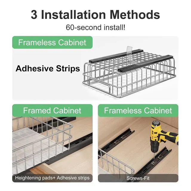 Alt view image 7 of 7 - Pull out Cabinet Organizer, Stainless Steel 2-Pack Slide out Drawer with Silent Full-Extension Slides, Adhesive Roll out Can Spice Storage Basket Shelf Rack for Pantry, Kitchen, Bathroom, Home Closet
