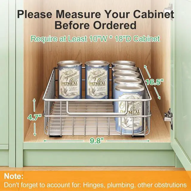 Alt view image 2 of 7 - Pull out Cabinet Organizer, Stainless Steel 4-Pack (9.8"W x 16.5"D) Full-Extension Slide out Drawer, Adhesive Roll out Can Spice Storage Basket Shelf Rack for Pantry, Kitchen, Bathroom, Home Closet