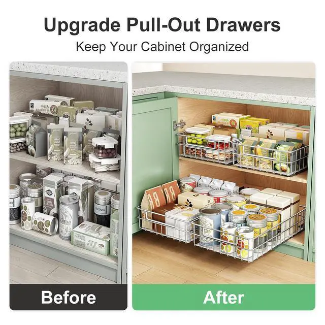 Alt view image 7 of 7 - Pull out Cabinet Organizer, Stainless Steel 4-Pack (9.8"W x 16.5"D) Full-Extension Slide out Drawer, Adhesive Roll out Can Spice Storage Basket Shelf Rack for Pantry, Kitchen, Bathroom, Home Closet