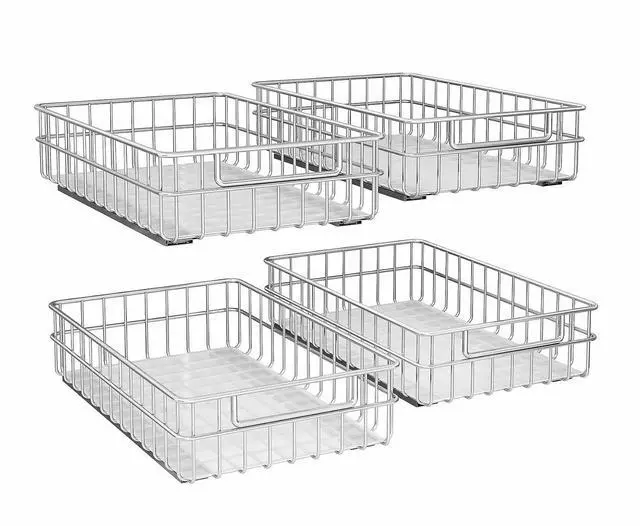 Main image of Pull out Cabinet Organizer, Stainless Steel 4-Pack (11.8"W x 21"D) Full-Extension Slide out Drawer, Adhesive Roll out Can Spice Storage Basket Shelf Rack for Pantry, Kitchen, Bathroom, Home Closet
