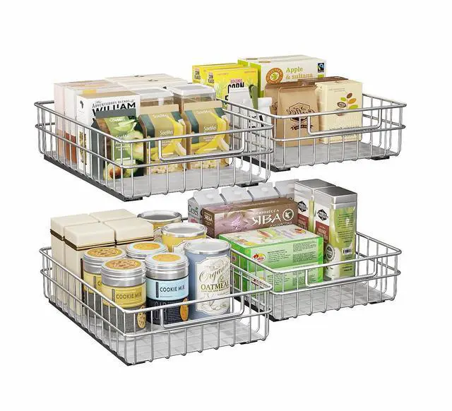 Main image of Pull out Cabinet Organizer, Stainless Steel 4-Pack Slide out Drawer with Silent Full-Extension Slides, Adhesive Roll out Can Spice Storage Basket Shelf Rack for Pantry, Kitchen, Bathroom, Home Closet