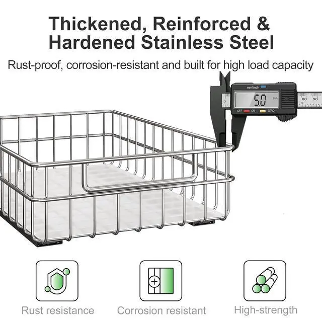 Alt view image 3 of 7 - Pull out Cabinet Organizer, Stainless Steel 2-Pack Slide out Drawer with Silent Full-Extension Slides, Adhesive Roll out Can Spice Storage Basket Shelf Rack for Pantry, Kitchen, Bathroom, Home Closet