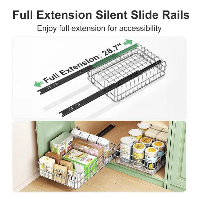 Alt view image 5 of 7 - Pull out Cabinet Organizer, Stainless Steel 2-Pack Slide out Drawer with Silent Full-Extension Slides, Adhesive Roll out Can Spice Storage Basket Shelf Rack for Pantry, Kitchen, Bathroom, Home Closet