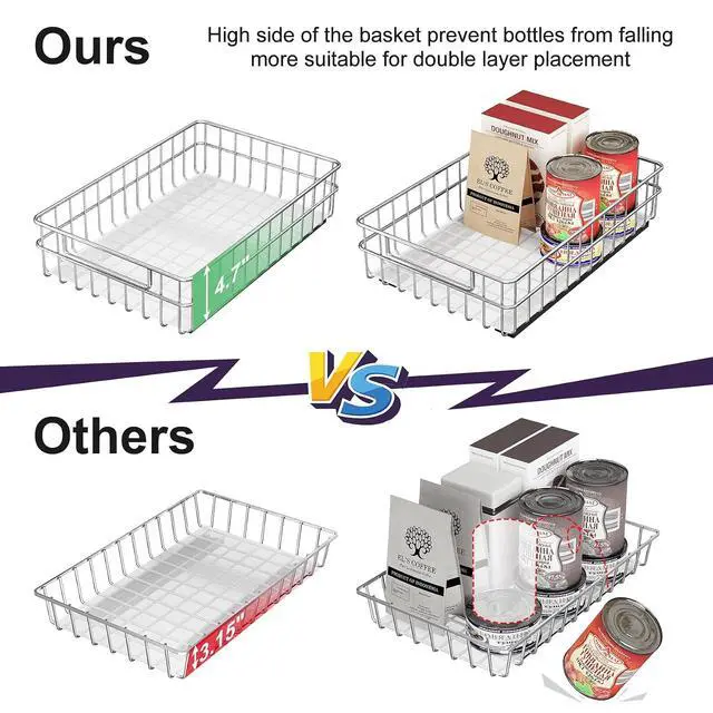 Alt view image 6 of 7 - Pull out Cabinet Organizer, Stainless Steel 2-Pack Slide out Drawer with Silent Full-Extension Slides, Adhesive Roll out Can Spice Storage Basket Shelf Rack for Pantry, Kitchen, Bathroom, Home Closet