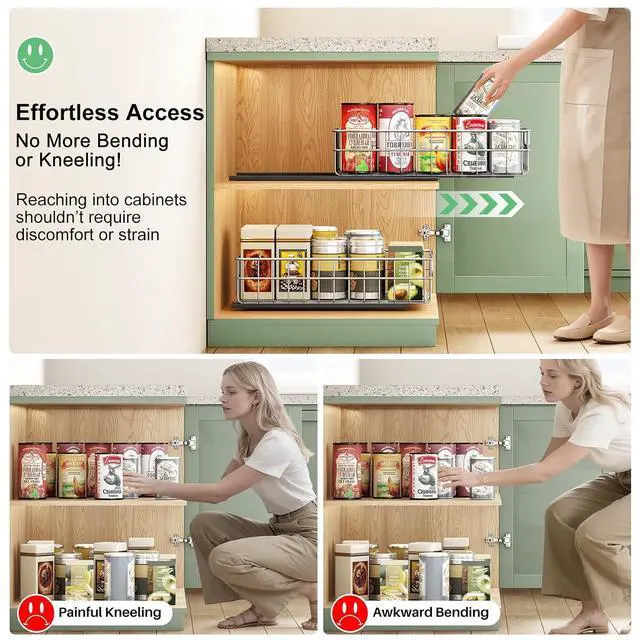 Alt view image 7 of 7 - Pull out Cabinet Organizer, Stainless Steel 4-Pack Slide out Drawer with Silent Full-Extension Slides, Adhesive Roll out Can Spice Storage Basket Shelf Rack for Pantry, Kitchen, Bathroom, Home Closet