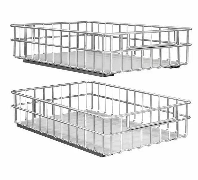 Main image of Pull out Cabinet Organizer, Stainless Steel 2-Pack (13.8"W x 21"D) Full-Extension Slide out Drawer, Adhesive Roll out Can Spice Storage Basket Shelf Rack for Pantry, Kitchen, Bathroom, Home Closet