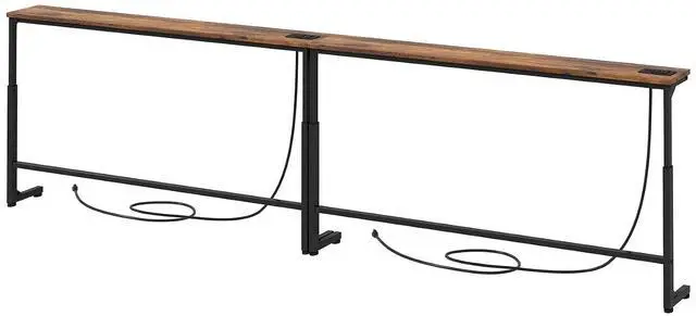 Main image of Kitstorack 94.5" Behind Couch Table, Height Adjustable Narrow Console | 24.3"-32.5" range, split for separate walls, 2 outlets, anti-scratch feet, rustic brown, ideal narrow sofa table