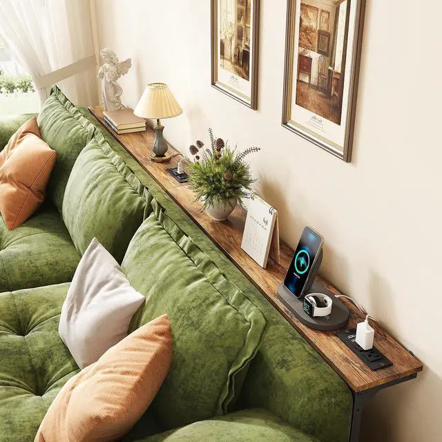 Alt view image 2 of 7 - Kitstorack 70.8" Behind Couch Table, Height Adjustable Narrow Console | 24.3"-32.5" range, split for separate walls, 2 outlets, anti-scratch feet, rustic brown, ideal narrow sofa table