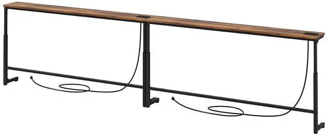 Main image of Kitstorack 102.3" Behind Couch Table, Height Adjustable Narrow Console | 24.3"-32.5" range, split for separate walls, 2 outlets, anti-scratch feet, rustic brown, ideal narrow sofa table