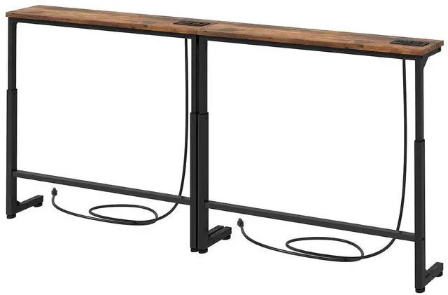 Main image of Kitstorack 70.8" Behind Couch Table, Height Adjustable Narrow Console | 24.3"-32.5" range, split for separate walls, 2 outlets, anti-scratch feet, rustic brown, ideal narrow sofa table