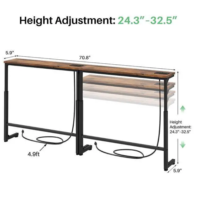 Alt view image 3 of 7 - Kitstorack 70.8" Behind Couch Table, Height Adjustable Narrow Console | 24.3"-32.5" range, split for separate walls, 2 outlets, anti-scratch feet, rustic brown, ideal narrow sofa table