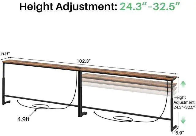 Alt view image 3 of 7 - Kitstorack 102.3" Behind Couch Table, Height Adjustable Narrow Console | 24.3"-32.5" range, split for separate walls, 2 outlets, anti-scratch feet, rustic brown, ideal narrow sofa table