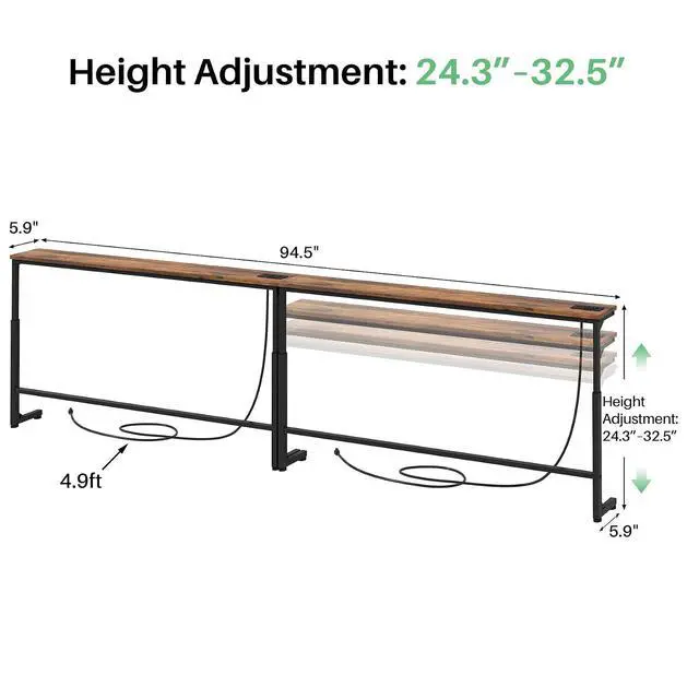 Alt view image 3 of 7 - Kitstorack 94.5" Behind Couch Table, Height Adjustable Narrow Console | 24.3"-32.5" range, split for separate walls, 2 outlets, anti-scratch feet, rustic brown, ideal narrow sofa table