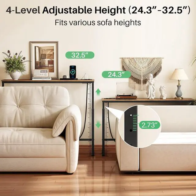 Alt view image 4 of 7 - Kitstorack 70.8" Behind Couch Table, Height Adjustable Narrow Console | 24.3"-32.5" range, split for separate walls, 2 outlets, anti-scratch feet, rustic brown, ideal narrow sofa table