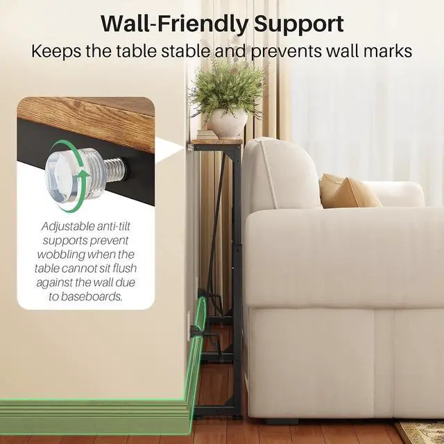 Alt view image 6 of 7 - Kitstorack 70.8" Behind Couch Table, Height Adjustable Narrow Console | 24.3"-32.5" range, split for separate walls, 2 outlets, anti-scratch feet, rustic brown, ideal narrow sofa table