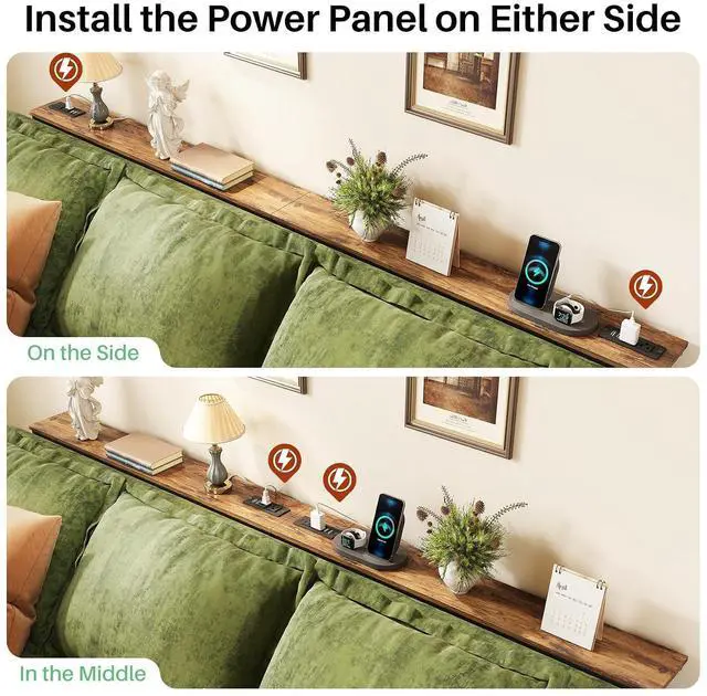 Alt view image 7 of 7 - Kitstorack 70.8" Behind Couch Table, Height Adjustable Narrow Console | 24.3"-32.5" range, split for separate walls, 2 outlets, anti-scratch feet, rustic brown, ideal narrow sofa table