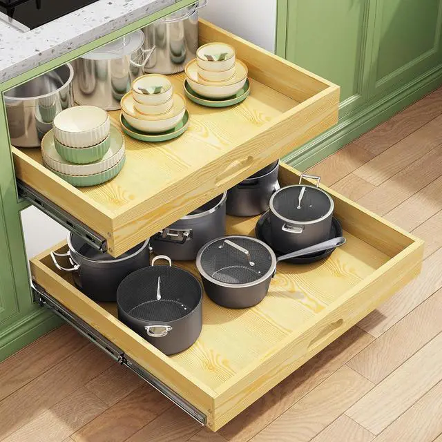 Main image of Pull Out Cabinet Organizer, Soft Close Wooden Slide Out Drawers for Pots and Pans, Full-extension Roll Out Shelves for Kitchen Cabinets, Pantry Organization, Bottom & Side Mount(23"W X 21"D x 3.4''H)