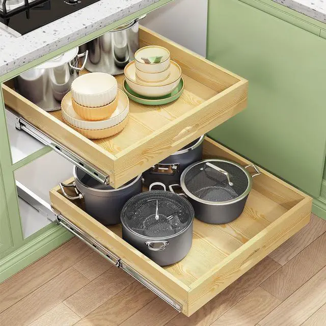 Main image of Pull Out Cabinet Organizer, Soft Close Wooden Slide Out Drawers for Pots and Pans, Full-extension Roll Out Shelves for Kitchen Cabinets, Pantry Organization, Bottom & Side Mount(15"W X 21"D x 3.4''H)