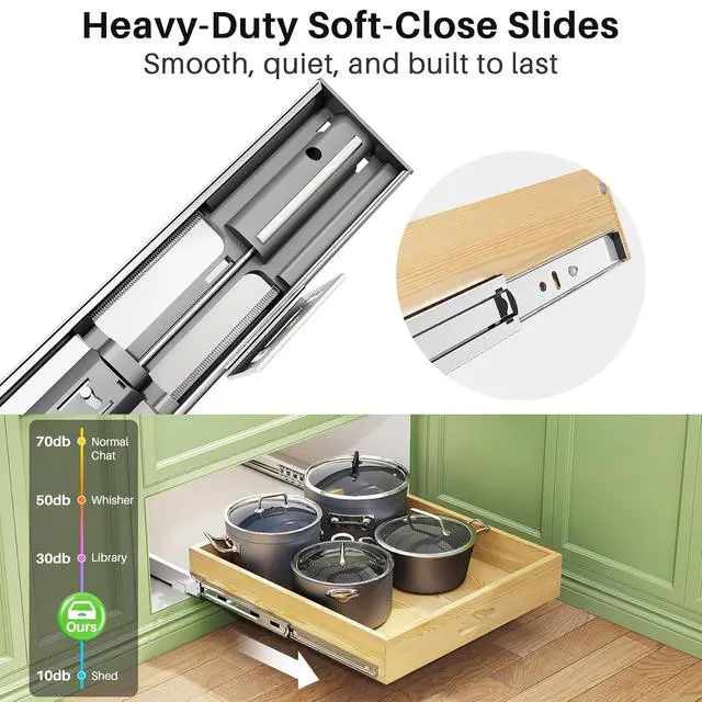 Alt view image 4 of 7 - Pull Out Cabinet Organizer, Soft Close Wooden Slide Out Drawers for Pots and Pans, Full-extension Roll Out Shelves for Kitchen Cabinets, Pantry Organization, Bottom & Side Mount(15"W X 21"D x 3.4''H)