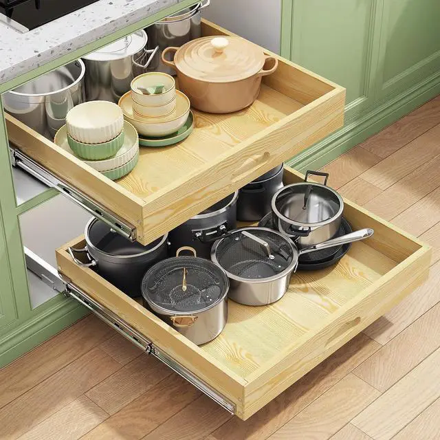 Main image of 2Pack Pull Out Cabinet Organizer, Soft Close Wooden Slide Out Drawers for Pots, Full-extension Roll Out Shelves for Kitchen Cabinets, Pantry Organization, Bottom and Side Mount(21"W X 21"D x 3.4''H)