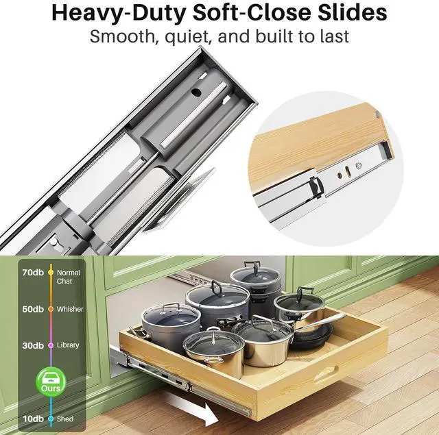 Alt view image 4 of 7 - Pull Out Cabinet Organizer, Soft Close Wooden Slide Out Drawers for Pots and Pans, Full-extension Roll Out Shelves for Kitchen Cabinets, Pantry Organization, Bottom & Side Mount(23"W X 21"D x 3.4''H)