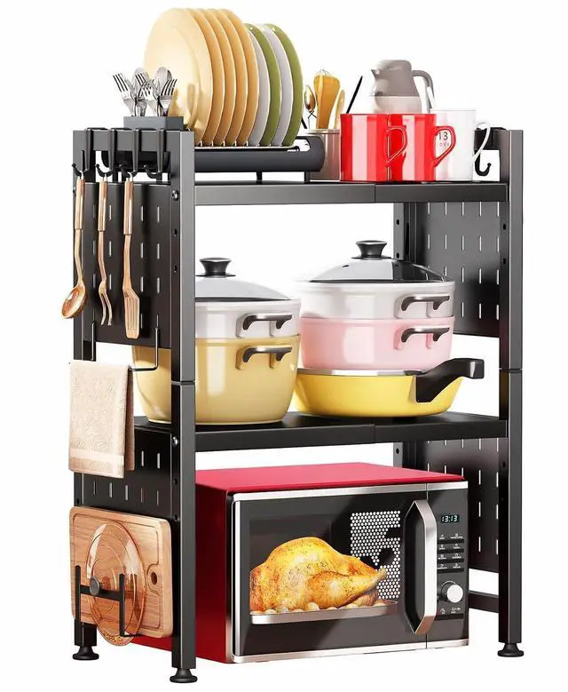 Main image of Microwave Stand, 3-Tier Expandable(17.4"- 27.4") Heavy Duty Adjustable Shelf Microwave Oven Rack, Kitchen Countertop Organizer and Storage with 9 Hooks & Cutting Board Holder, Holds up 180 lbs, Black