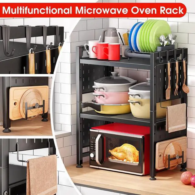 Alt view image 2 of 7 - Microwave Stand, 3-Tier Expandable(17.4"- 27.4") Heavy Duty Adjustable Shelf Microwave Oven Rack, Kitchen Countertop Organizer and Storage with 9 Hooks & Cutting Board Holder, Holds up 180 lbs, Black