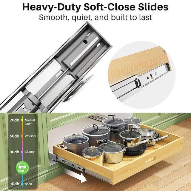 Alt view image 4 of 7 - Pull Out Cabinet Organizer, Soft Close Wooden Slide Out Drawers for Pots and Pans, Full-extension Roll Out Shelves for Kitchen Cabinets, Pantry Organization, Bottom & Side Mount(26"W X 21"D x 3.4''H)