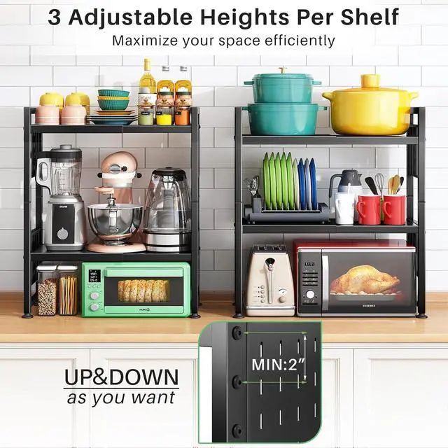 Alt view image 3 of 7 - Microwave Stand, 3-Tier Expandable(17.4"- 27.4") Heavy Duty Adjustable Shelf Microwave Oven Rack, Kitchen Countertop Organizer and Storage with 9 Hooks & Cutting Board Holder, Holds up 180 lbs, Black