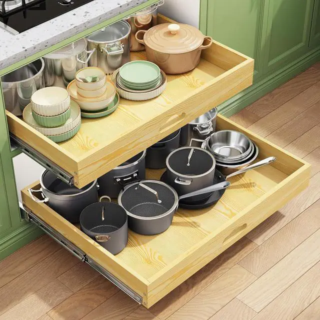 Main image of Pull Out Cabinet Organizer, Soft Close Wooden Slide Out Drawers for Pots and Pans, Full-extension Roll Out Shelves for Kitchen Cabinets, Pantry Organization, Bottom & Side Mount(26"W X 21"D x 3.4''H)