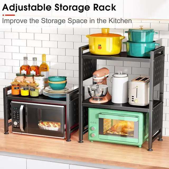 Alt view image 5 of 7 - Microwave Stand, 3-Tier Expandable(17.4"- 27.4") Heavy Duty Adjustable Shelf Microwave Oven Rack, Kitchen Countertop Organizer and Storage with 9 Hooks & Cutting Board Holder, Holds up 180 lbs, Black