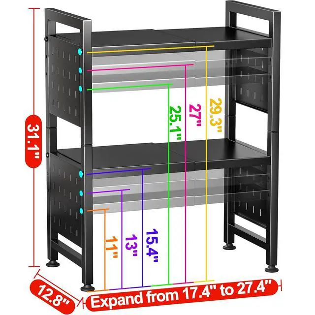 Alt view image 6 of 7 - Microwave Stand, 3-Tier Expandable(17.4"- 27.4") Heavy Duty Adjustable Shelf Microwave Oven Rack, Kitchen Countertop Organizer and Storage with 9 Hooks & Cutting Board Holder, Holds up 180 lbs, Black