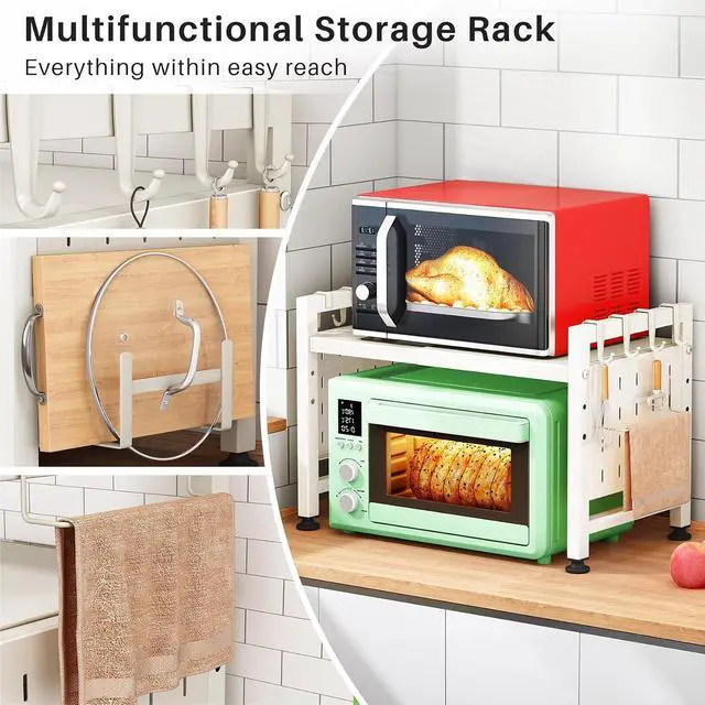 Alt view image 2 of 7 - Microwave Stand, 2-Tier Expandable(17.4"-27.4") Microwave Oven Rack, Heavy Duty Adjustable Shelf with 9 hooks, Kitchen Organizer Storage Shelves for Pantry, Countertop, Coffee Bar, Office, Dorm, White