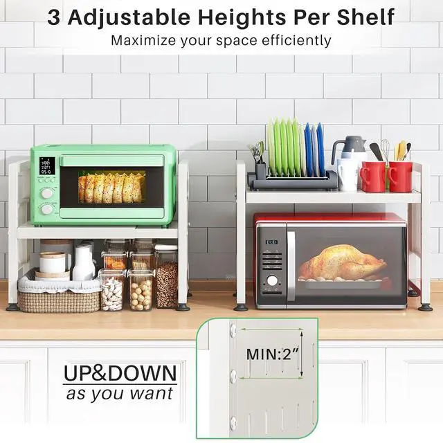 Alt view image 4 of 7 - Microwave Stand, 2-Tier Expandable(17.4"-27.4") Microwave Oven Rack, Heavy Duty Adjustable Shelf with 9 hooks, Kitchen Organizer Storage Shelves for Pantry, Countertop, Coffee Bar, Office, Dorm, White