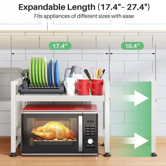 Alt view image 3 of 7 - Microwave Stand, 2-Tier Expandable(17.4"-27.4") Microwave Oven Rack, Heavy Duty Adjustable Shelf with 9 hooks, Kitchen Organizer Storage Shelves for Pantry, Countertop, Coffee Bar, Office, Dorm, White