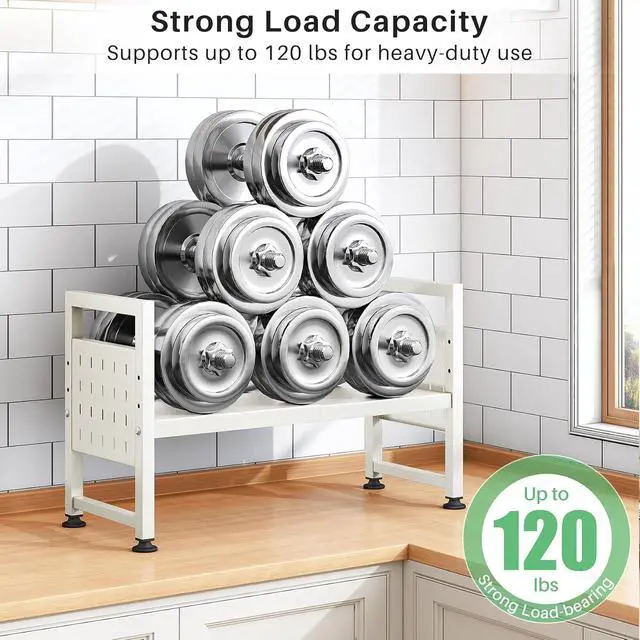 Alt view image 5 of 7 - Microwave Stand, 2-Tier Expandable(17.4"-27.4") Microwave Oven Rack, Heavy Duty Adjustable Shelf with 9 hooks, Kitchen Organizer Storage Shelves for Pantry, Countertop, Coffee Bar, Office, Dorm, White