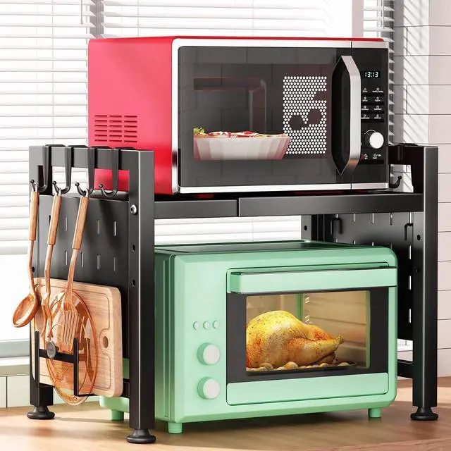 Main image of Kitstorack Adjustable Microwave Oven Rack,Microwave Stand Shelf Heavy Duty 2-Tier Shelf with Cutting Boards Stand for Kitchen Shelves Counter Top Organizer, Holds 120lbs,9 Hooks