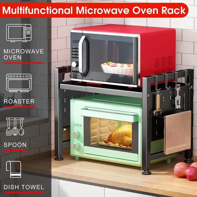 Alt view image 5 of 7 - Kitstorack Adjustable Microwave Oven Rack,Microwave Stand Shelf Heavy Duty 2-Tier Shelf with Cutting Boards Stand for Kitchen Shelves Counter Top Organizer, Holds 120lbs,9 Hooks