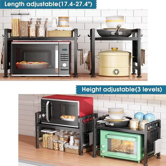 Alt view image 4 of 7 - Kitstorack Adjustable Microwave Oven Rack,Microwave Stand Shelf Heavy Duty 2-Tier Shelf with Cutting Boards Stand for Kitchen Shelves Counter Top Organizer, Holds 120lbs,9 Hooks