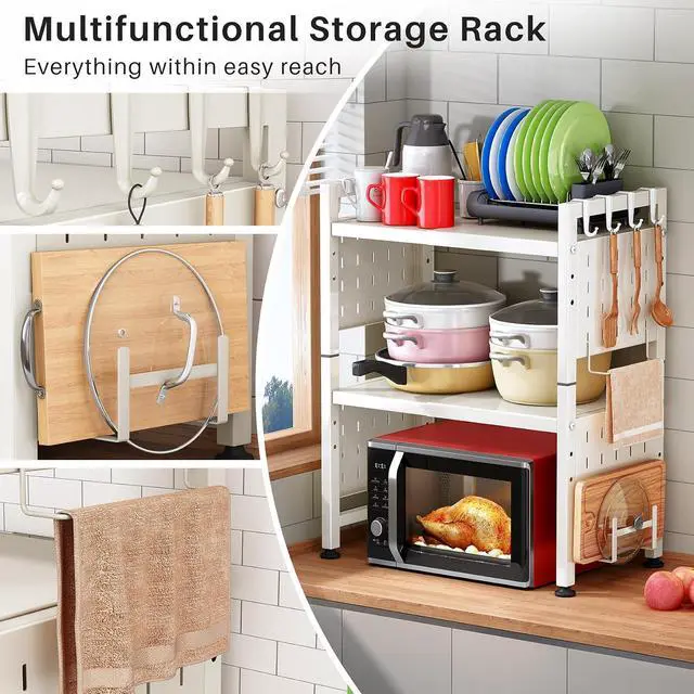 Alt view image 2 of 7 - Microwave Stand, 3-Tier Expandable(17.4"-27.4") Microwave Oven Rack, Heavy Duty Adjustable Shelf with 9 hooks, Kitchen Organizer Storage Shelves for Pantry, Countertop, Coffee Bar, Office, Dorm, White