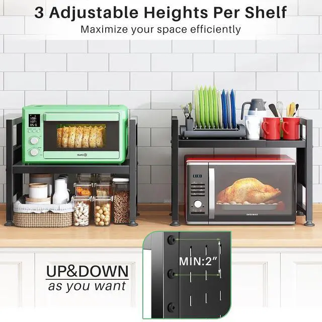 Alt view image 3 of 7 - Kitstorack Adjustable Microwave Oven Rack,Microwave Stand Shelf Heavy Duty 2-Tier Shelf with Cutting Boards Stand for Kitchen Shelves Counter Top Organizer, Holds 120lbs,9 Hooks