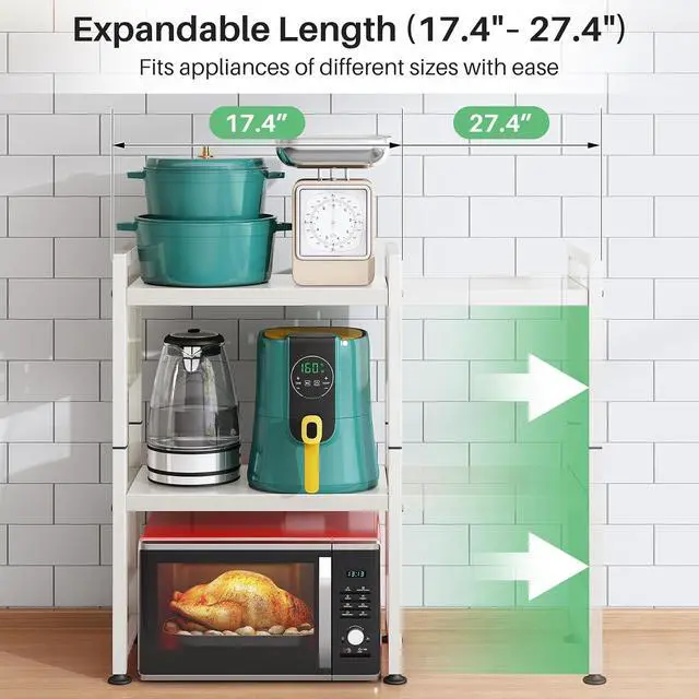 Alt view image 3 of 7 - Microwave Stand, 3-Tier Expandable(17.4"-27.4") Microwave Oven Rack, Heavy Duty Adjustable Shelf with 9 hooks, Kitchen Organizer Storage Shelves for Pantry, Countertop, Coffee Bar, Office, Dorm, White