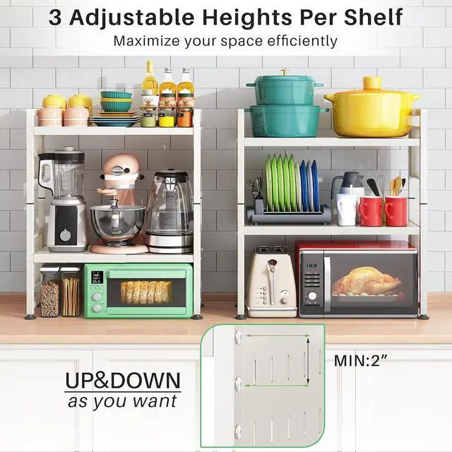 Alt view image 4 of 7 - Microwave Stand, 3-Tier Expandable(17.4"-27.4") Microwave Oven Rack, Heavy Duty Adjustable Shelf with 9 hooks, Kitchen Organizer Storage Shelves for Pantry, Countertop, Coffee Bar, Office, Dorm, White